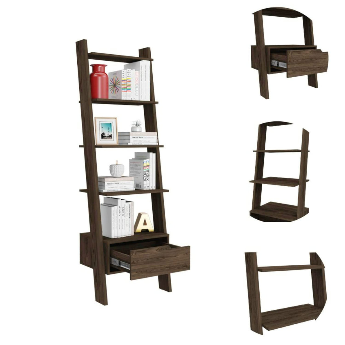 Kobe Ladder Bookcase with 5 Shelves and 1 Drawer, Dark Walnut