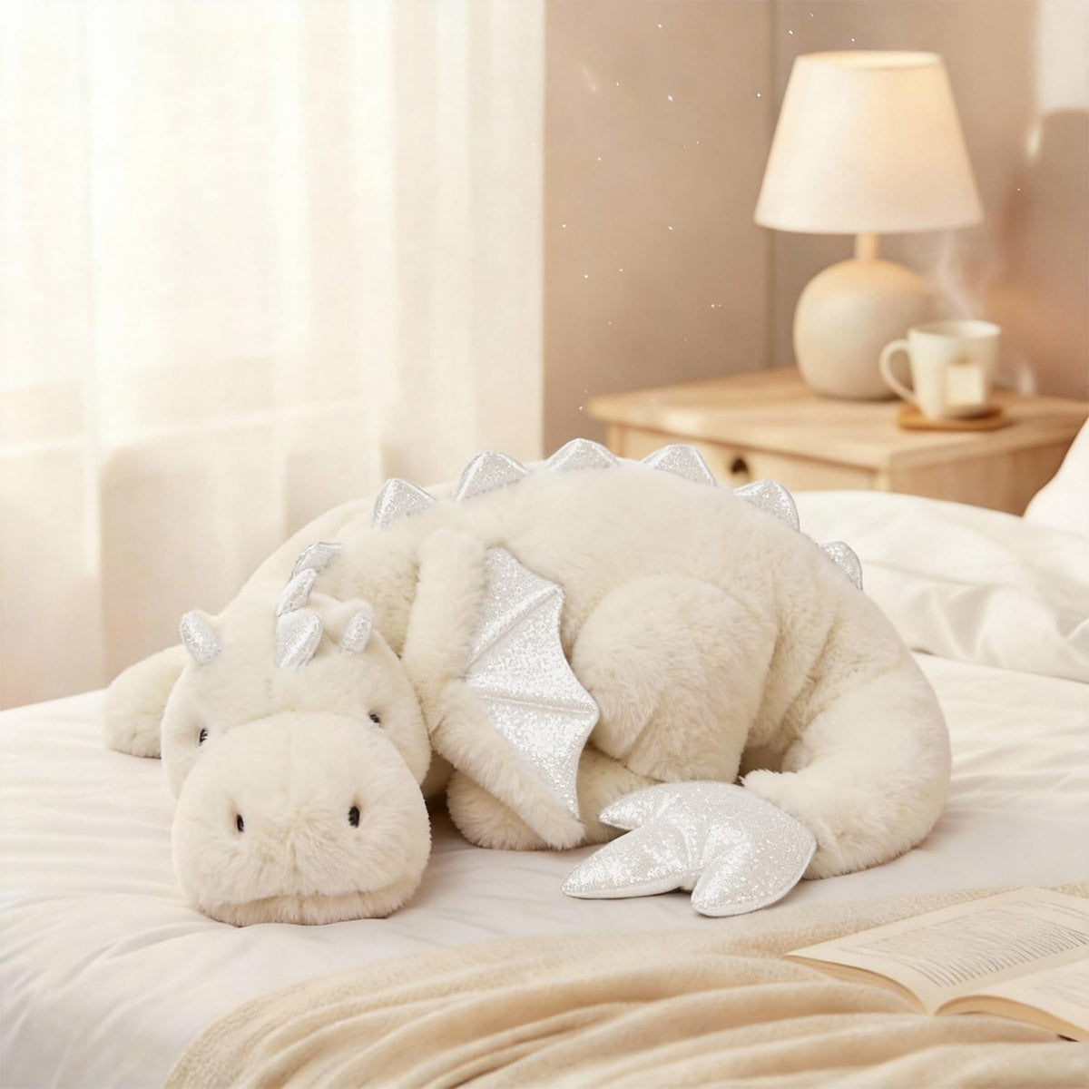 ARELUX Large 36in Cute Dragon Stuffed Animals Plush Toy Soft White Pterosaur Plushie Giant Fuzzy Dinosaur Pillow Plushies with W