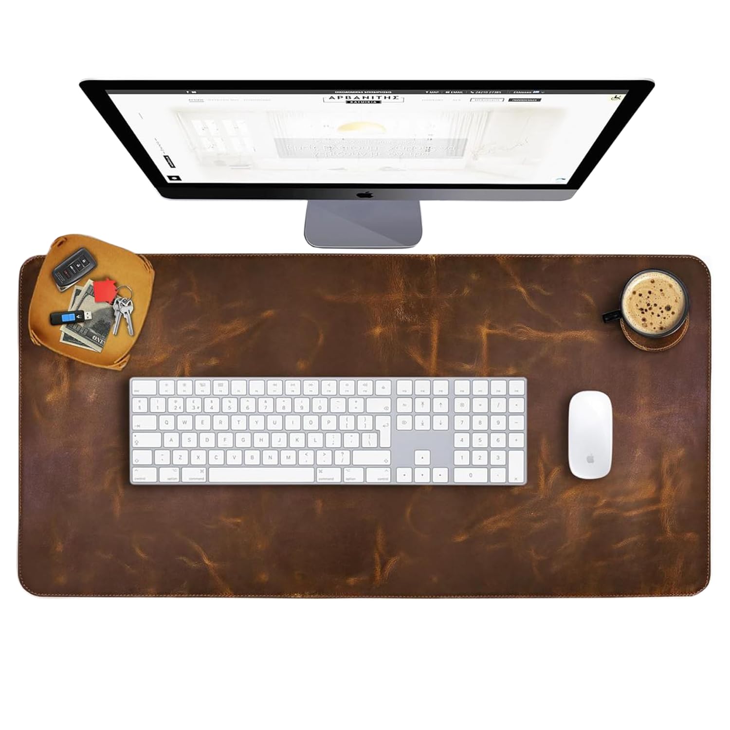 Leather Desk Pad (Real) Leather Desk Mat Set (32X16) Large Desk Cover Desk Blotter Desk Protector Computer Mat For Keyboard Gami