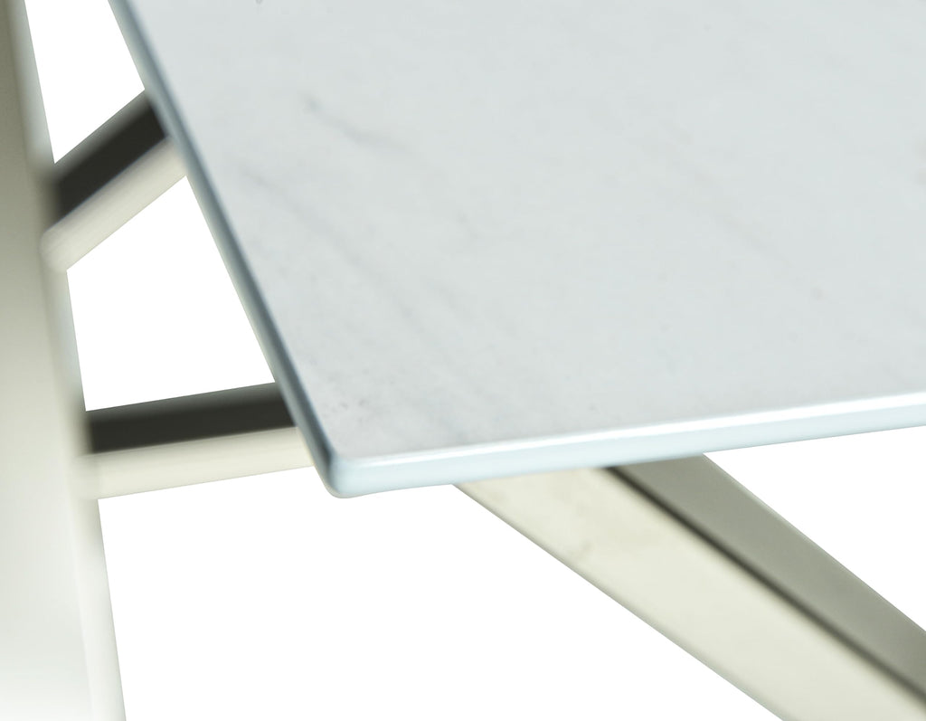 Steve Silver Zurich White Square Faux Marble End Table with Sturdy Asymmetrical Matte Chrome Base, Papered Veneer Top, Mixed Media Style, 24" L x 24" W x 23" H