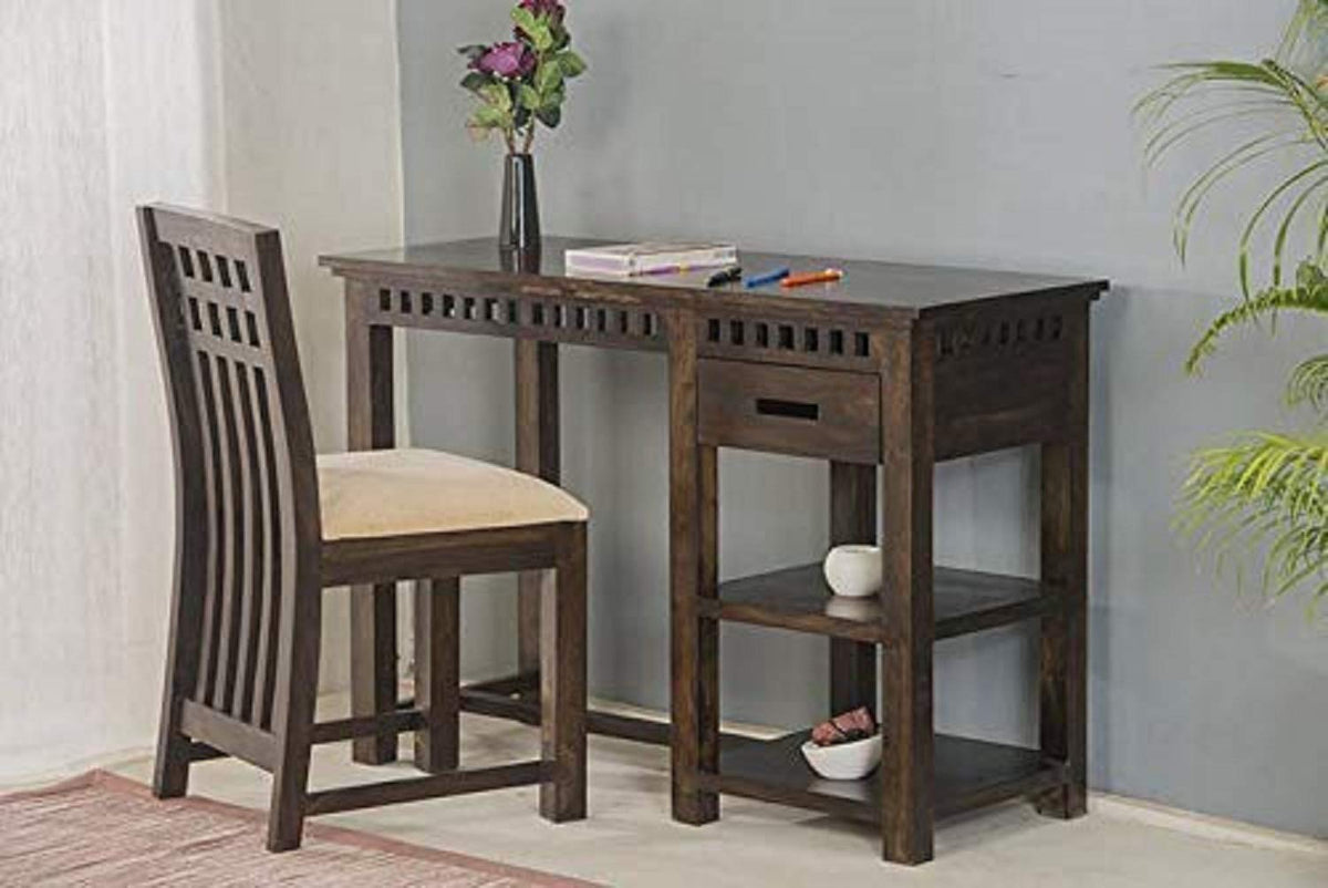 Roundhill Sheesham Wood Writing Study Table Computer Tables Office Desk With Chair Furniture For Home Study Room (Walnut Brown F