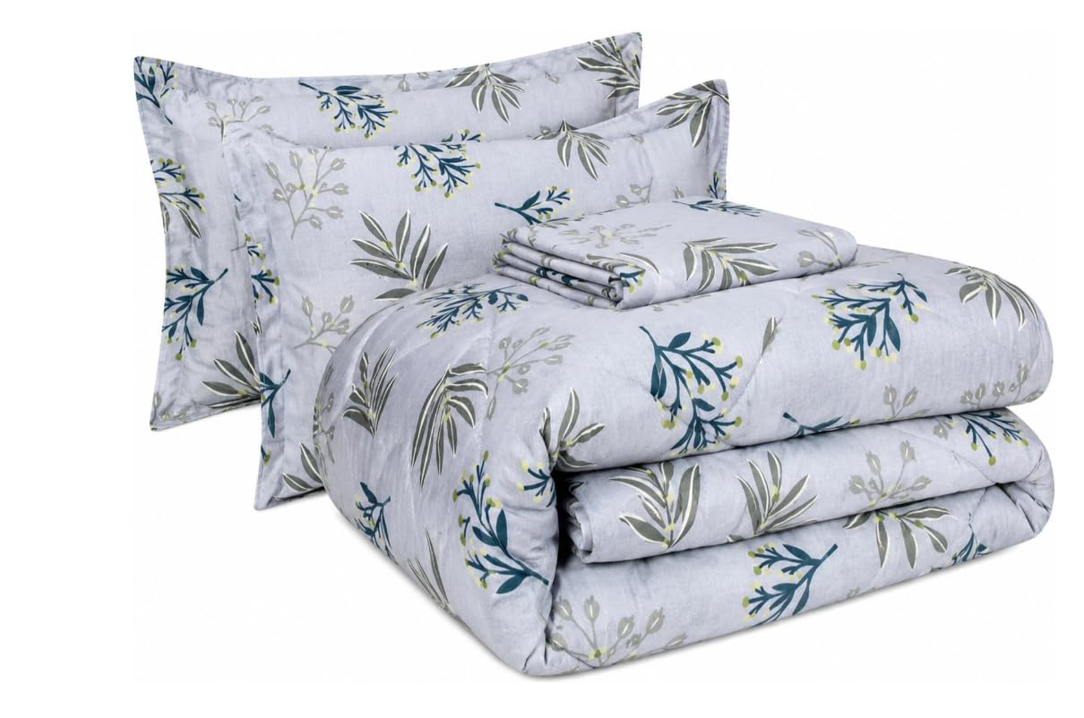 Cotton Double Bed Comforter Set, Grey Floral Print, 1 Comforter, 1 Bedsheet, 2 Pillow Covers