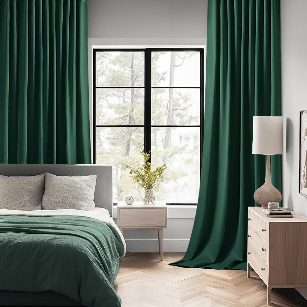 Miulee Christmas Hunter Green Back Tab Blackout Curtain 96 Inch Long 2 Panels Set For Living Room Bedroom, Rod Pocket/Pinch Pleat Thermal Insulated Room Darkening Pleated Floor To Ceiling Drapes