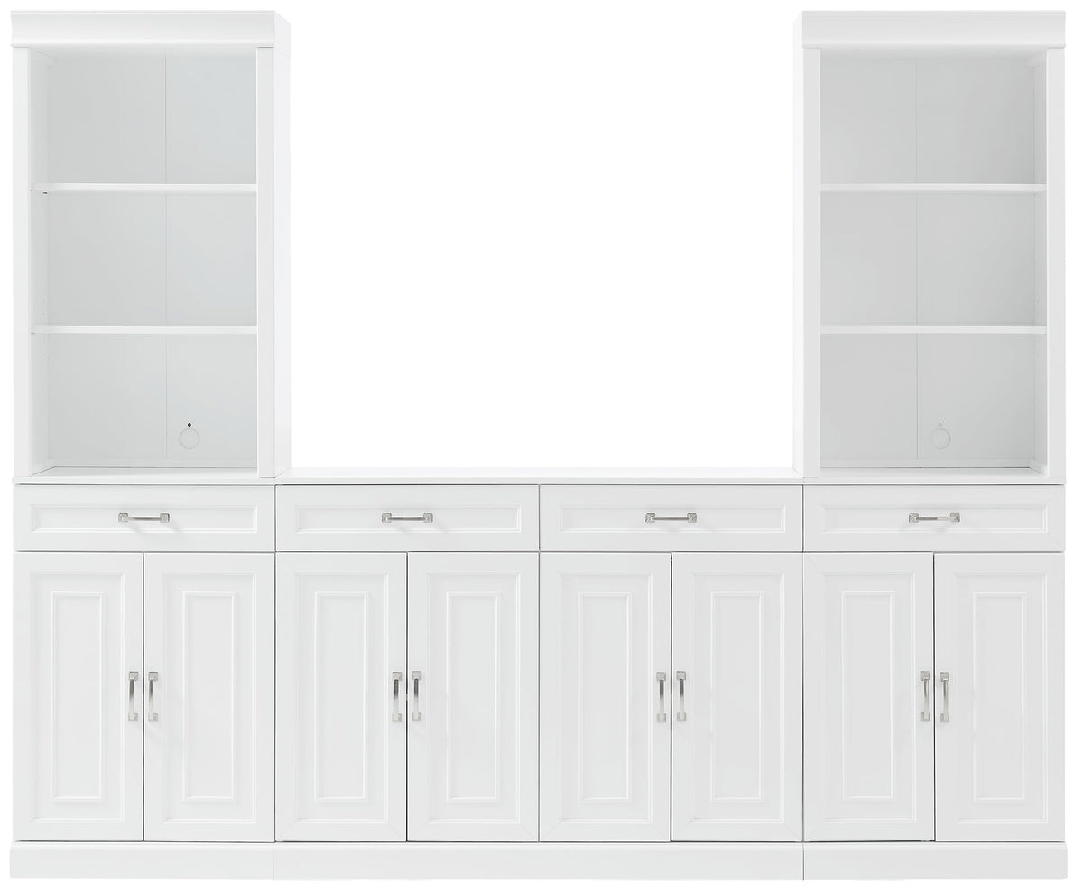 Crosley Furniture Stanton 3-Piece Sideboard and Storage Bookcase Set, Bookshelf Cabinet with Buffet, White
