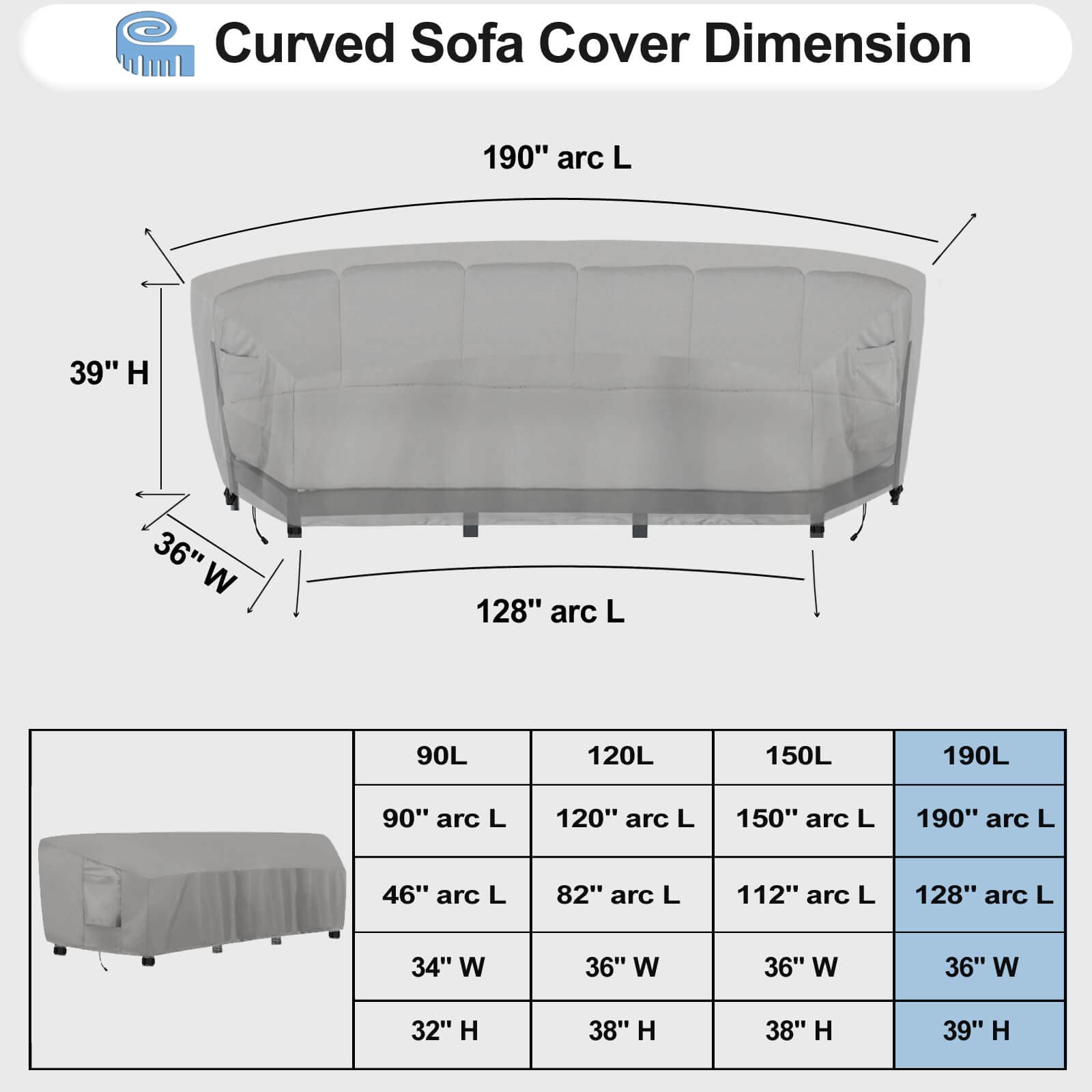 Outdoorlines Waterproof Curved Outdoor Sectional Cover - Uv Resistant Windproof Patio Sectional Sofa Covers For Deck, Lawn And Backyard, Heavy Duty Furniture Covers (190Lx36Dx39Hx128Fl, Gray)