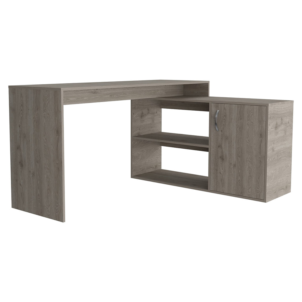 Pearl L Shaped Desk with Single Door Cabinet and 2 Shelves, Light Gray
