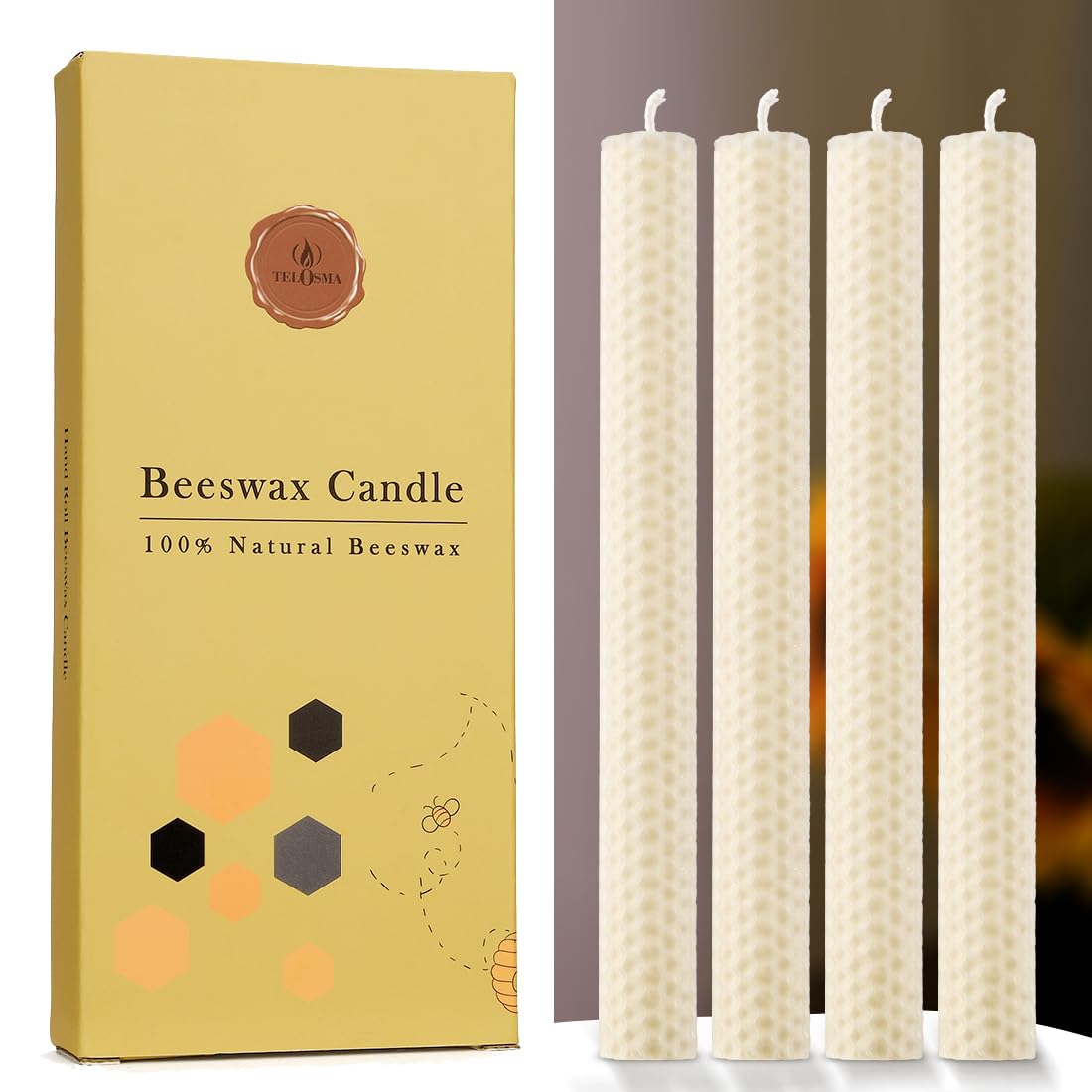 TELOSMA Hand Rolled Beeswax Taper Candles, Off White, 8 Inch, 4 Pack