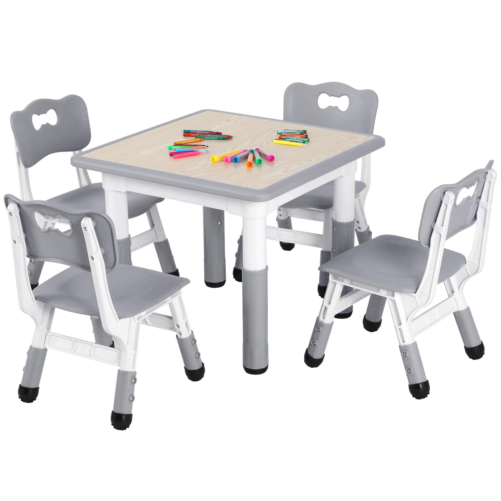 Arlopu Kids Study Table and Chair Set, Height Adjustable Children Desk and 4 Chairs Set, Toddler Multi-Activity Table Set for Re