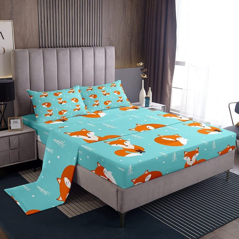 Kids Bed Sheets King Size Cute Fox Print Bed Sheet Set For Boys Girls Bedroom Cartoon Kawaii Decor Woodland Fox Wild Animal Bedding Set Children Toddler Fitted Sheet + Flat Sheet + 2 Pillow Case