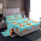 Kids Bed Sheets King Size Cute Fox Print Bed Sheet Set For Boys Girls Bedroom Cartoon Kawaii Decor Woodland Fox Wild Animal Bedding Set Children Toddler Fitted Sheet + Flat Sheet + 2 Pillow Case