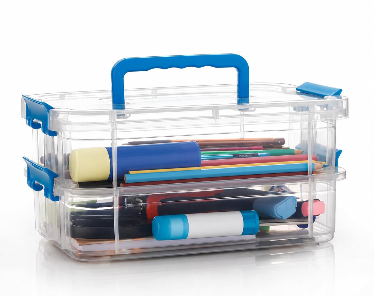 2 Layer Plastic Storage Containers with Lids, Multipurpose Clear Stack & Carry Box, Portable Craft Organizers, and Storage Bin f