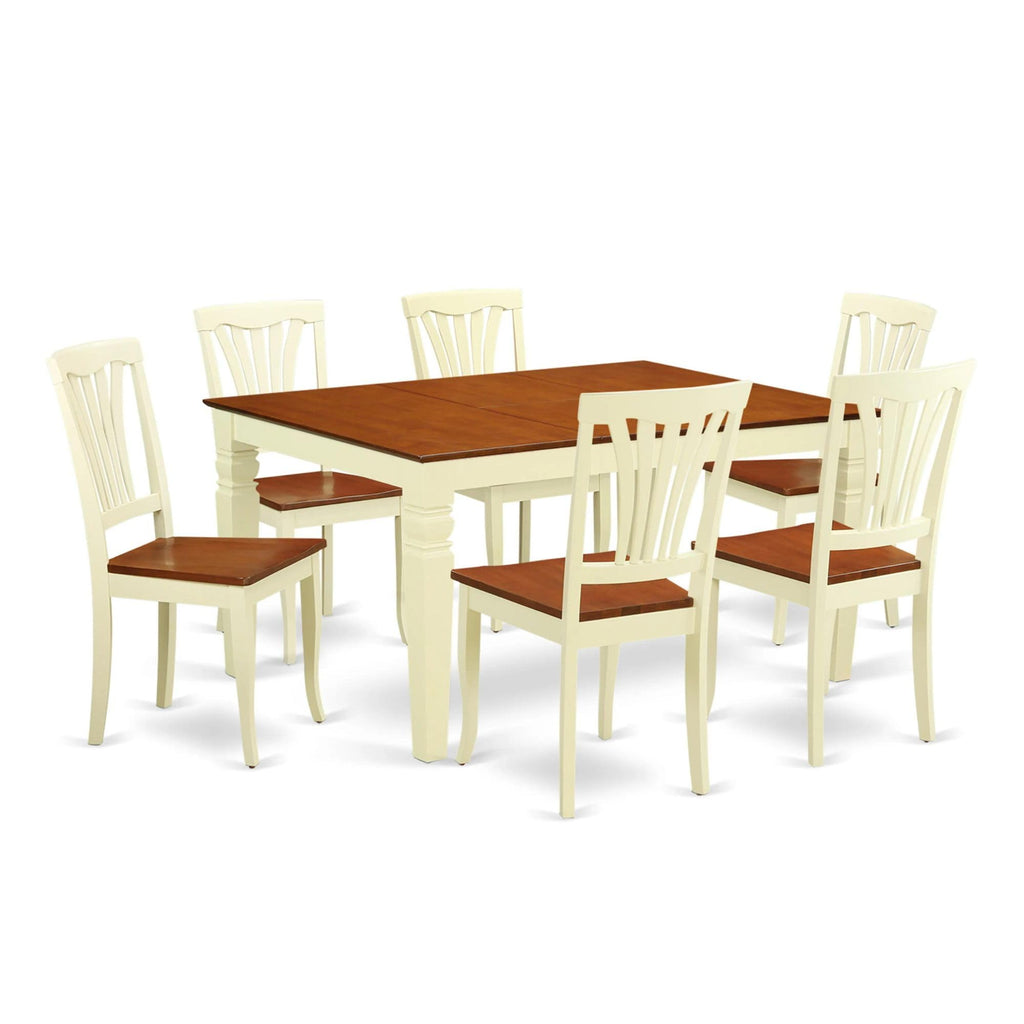 East West Furniture WEAV7-BMK-W 7 Piece Dining Set Consist of a Rectangle Dining Room Table with Butterfly Leaf and 6 Wood Seat Chairs, 42x60 Inch, Buttermilk & Cherry