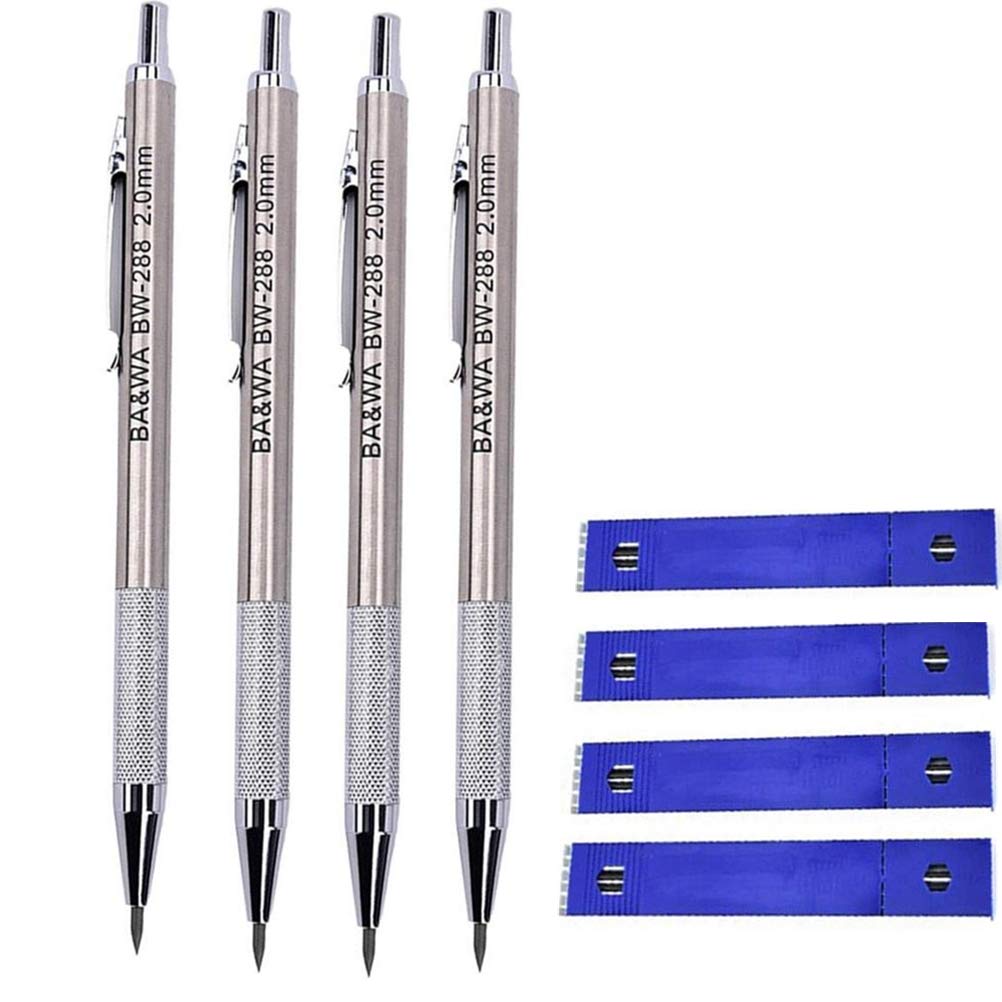 Warmshine 4 Pack 2.0 Mm Lead Holder Metal Mechanical Pencil Automatic Mechanical Drafting Pencil For Draft Drawing,Carpenter,Cra