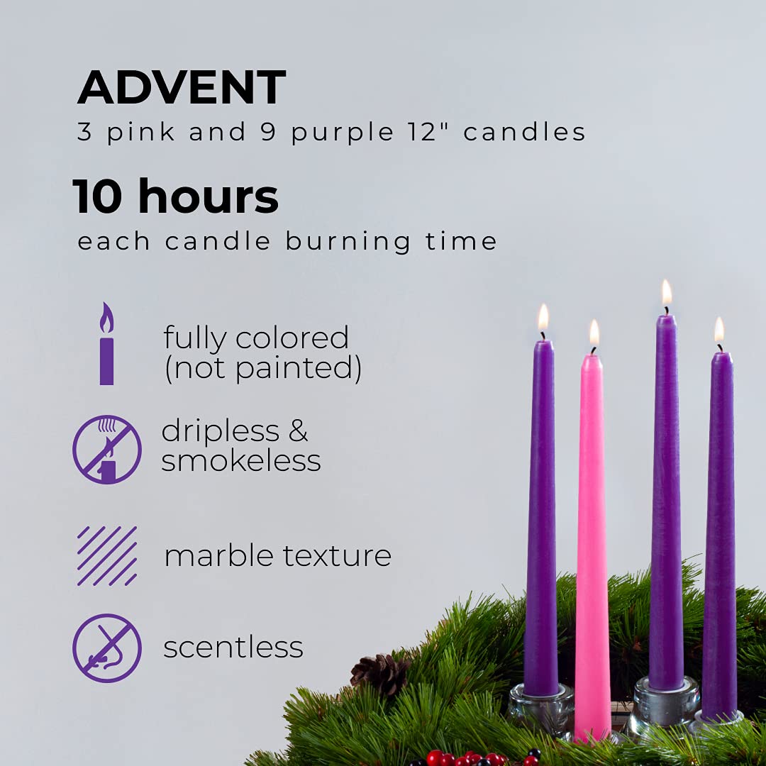 Candwax 12 Inch Taper Advent Candles 3 Sets - Dripless Taper Candles And Unscented Candlesticks - Long Burning Tapered Candles P