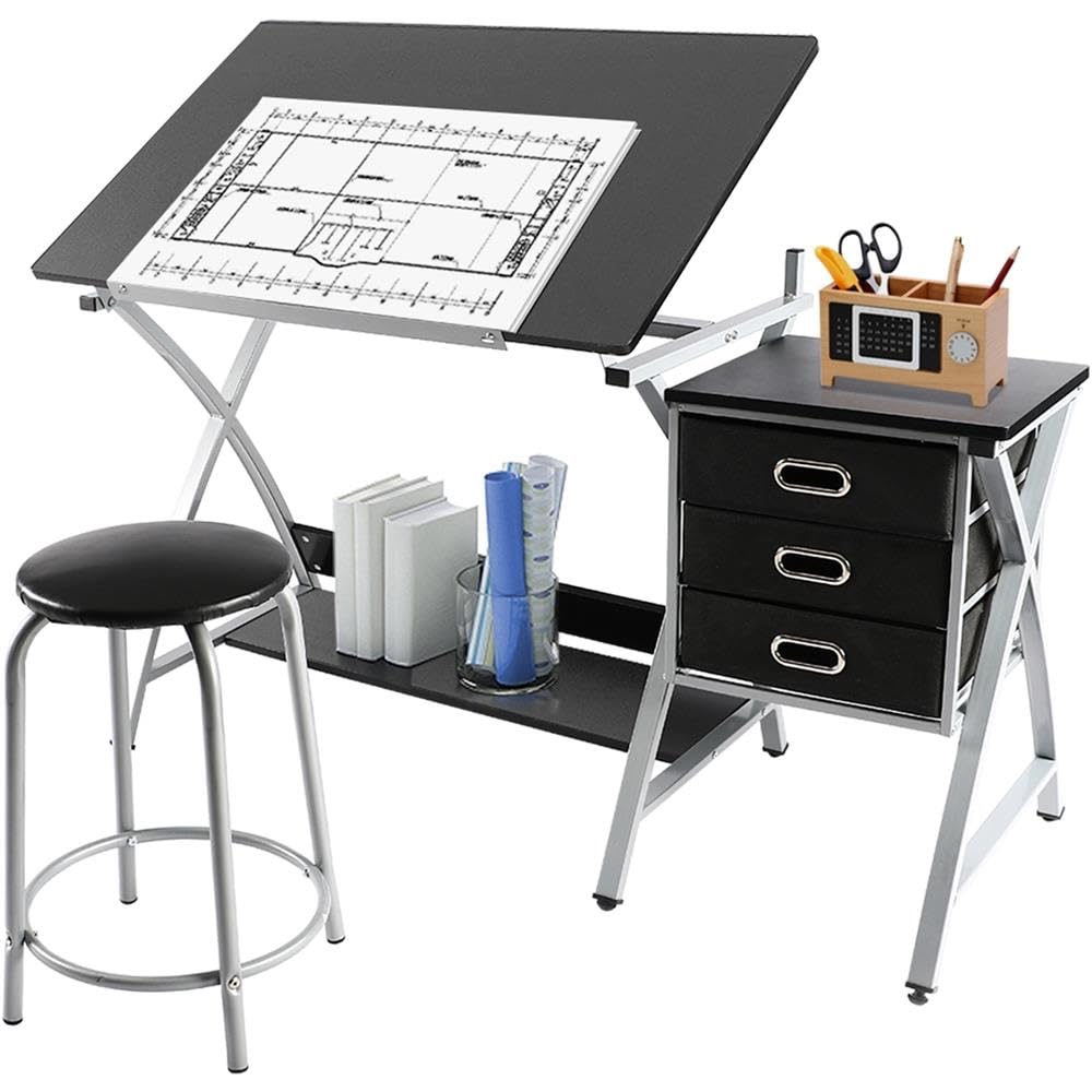 Yaheetech Drafting Desk, Drawing Table For Artists/Adults, Art Desk W/Stool And 3 Slide Drawers, Painting Studio Design Work Station, Adjustable Tabletop, Modern, 50.5 X 24 X 45 Inch
