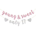 INNORU Young & Sweet Only 17 Banner - Happy 17th Birthday Party Decor for Girls - Cheers to 17 Years Party Decorations Supplies,