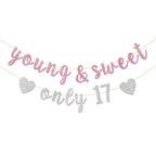 INNORU Young & Sweet Only 17 Banner - Happy 17th Birthday Party Decor for Girls - Cheers to 17 Years Party Decorations Supplies,