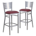 2 Pk. Silver Slat Back Metal Restaurant Barstool - Burgundy Vinyl Seat