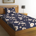 Fashion String 144Tc Microfibre Midnight Floral Bloom Blue Single Bedsheet With 1 Pillow Cover