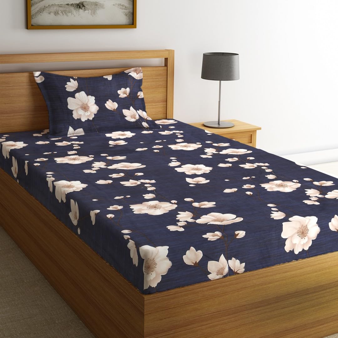 Fashion String 144Tc Microfibre Midnight Floral Bloom Blue Single Bedsheet With 1 Pillow Cover