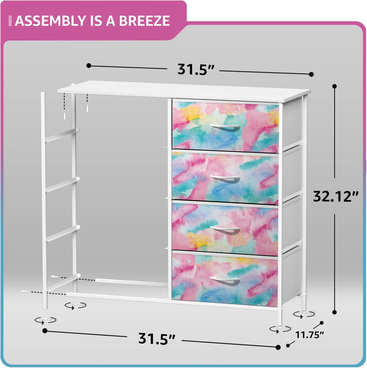 Sorbus Kids Dresser With 8 Drawers - Storage Chest Organizer Unit Nightstand - Steel Frame, Wood Top, Tie-Dye Fabric Bins For Clothes - Wide Furniture For Bedroom, Hallway, Nursery, Closet, Apartment