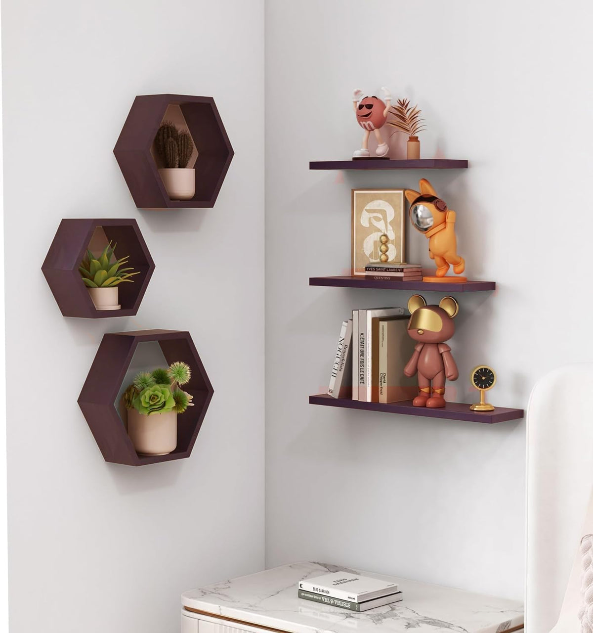Livingloom Engineered Wood Woden Hexagonal Shape Wall Hanging Rack Floating Shelves For Display For Photos,Plants Living Room, B