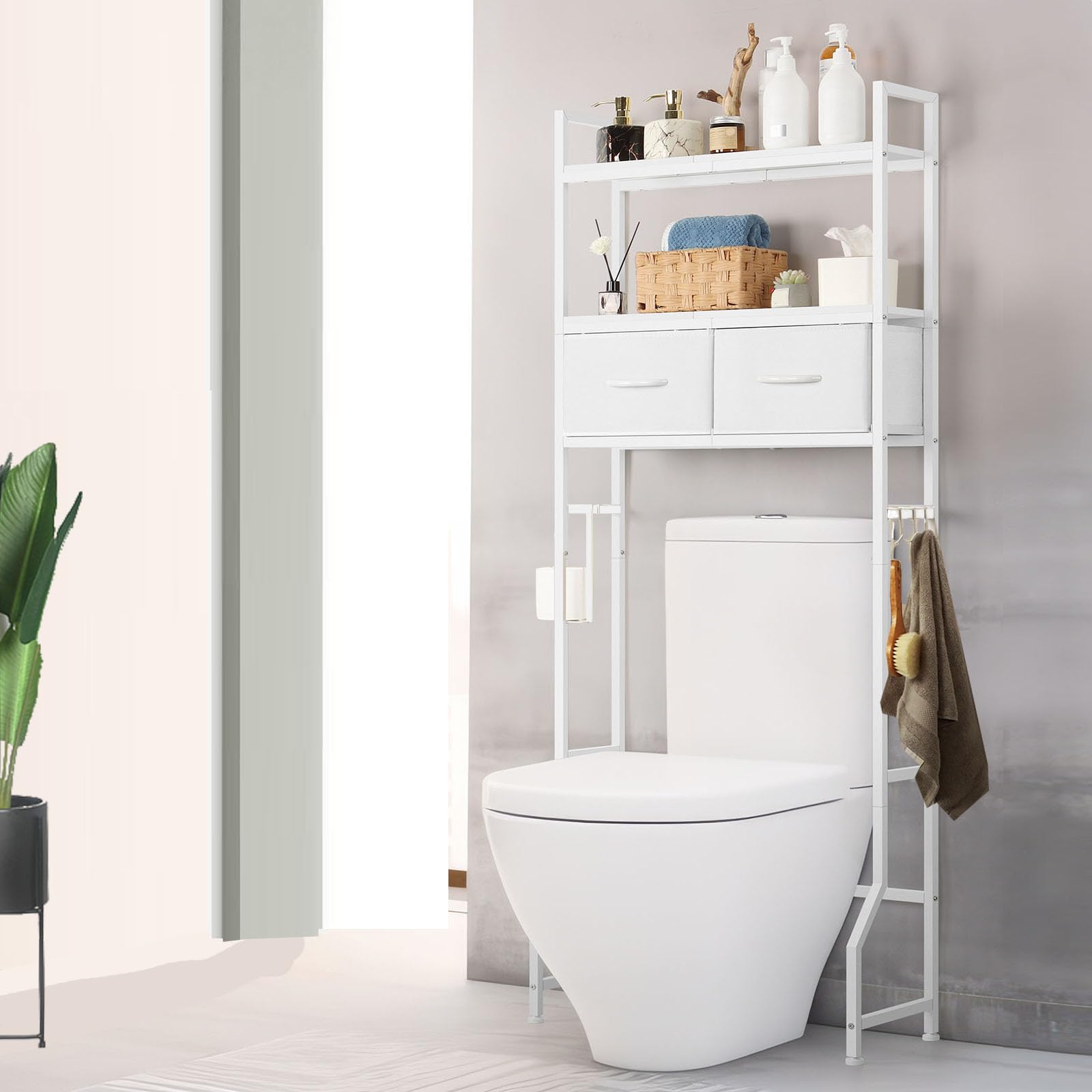 Eteli 3-Tier Over The Toilet Storage Cabinet With Fabric Drawers Toilet Shelf Organizer With 4 Hooks Freestanding Bathroom Space Saver White