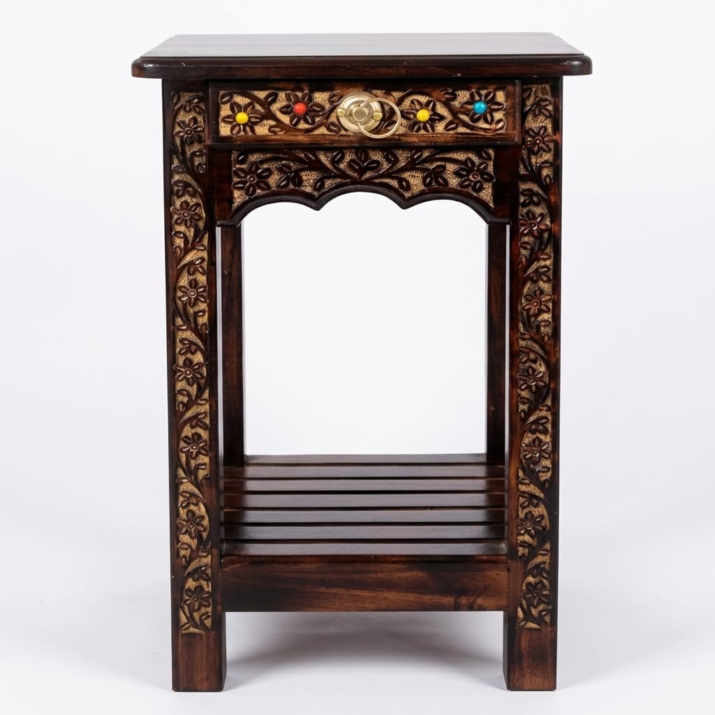 Nice Crafts Wooden Side Table, Hand Carved Rustic End Table, Wood Rectangle Coffee Table, Indoor Outdoor Wood Stool For Living R