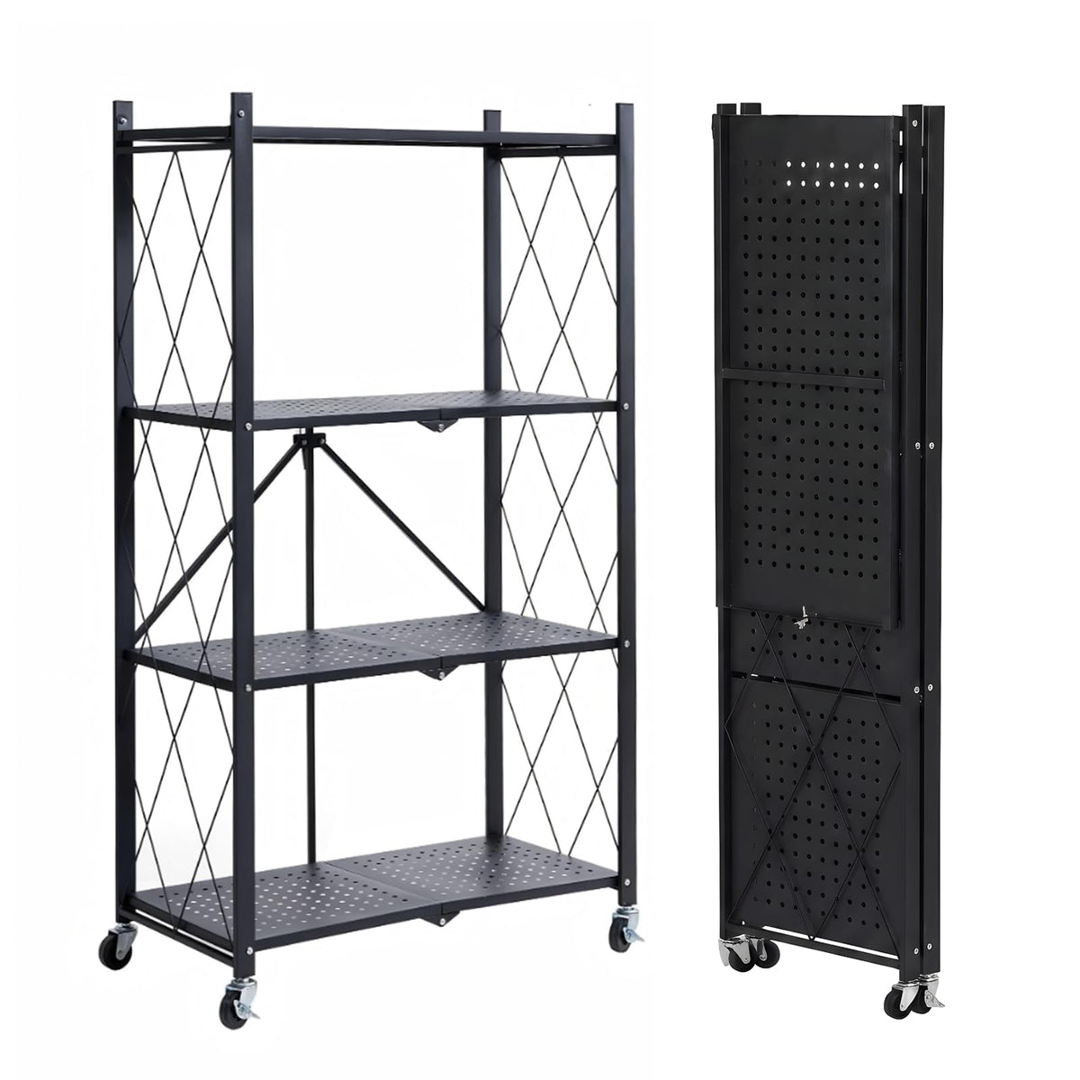 COKIHOM 4 Tier Foldable Storage Shelf, Large Capacity Metal Shelf Rack, Rolling Bookshelf with Wheels, Wire Shelf Organizer for 