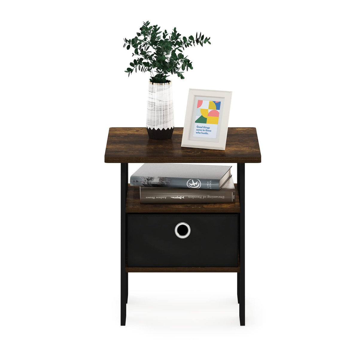 Furinno Andrey End Side Night Stand/Bedside Table with Bin Drawer, Amber Pine/Black