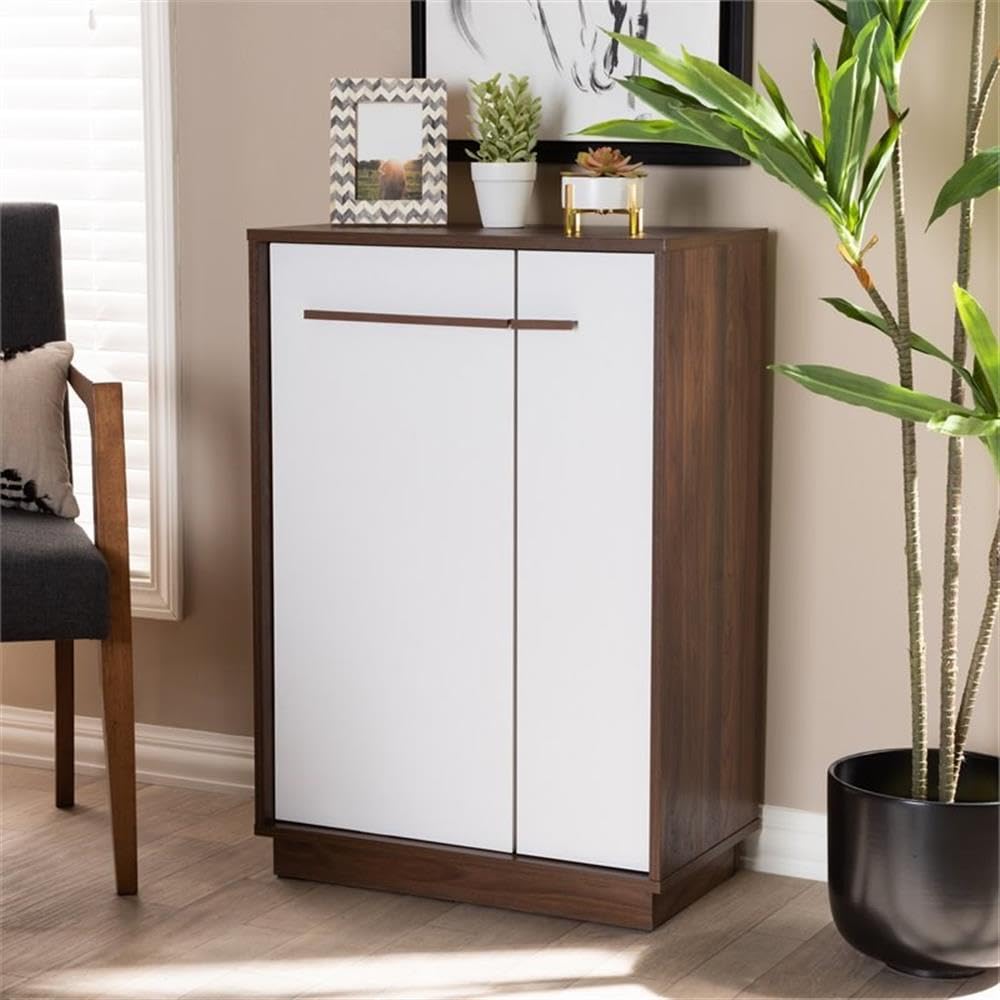 Baxton Studio Mette Mid-Century Modern Two-Tone White and Walnut Finished 5-Shelf Wood Entryway Shoe Cabinet