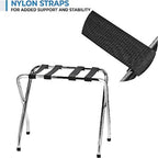 2-Tier Folding Luggage Rack, X-Shaped Steel Frame, Nylon Straps, Rubber Feet, Chrome Finish