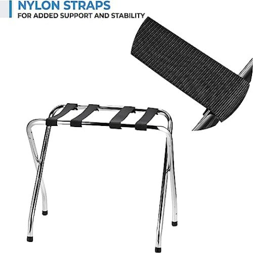 2-Tier Folding Luggage Rack, X-Shaped Steel Frame, Nylon Straps, Rubber Feet, Chrome Finish