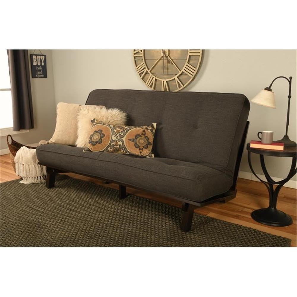 Kodiak Furniture Carson Full Size Futon Frame and Mattress Set - Java Brown Finish Wood Futon Frame with Mattress Included in Charcoal Gray Color