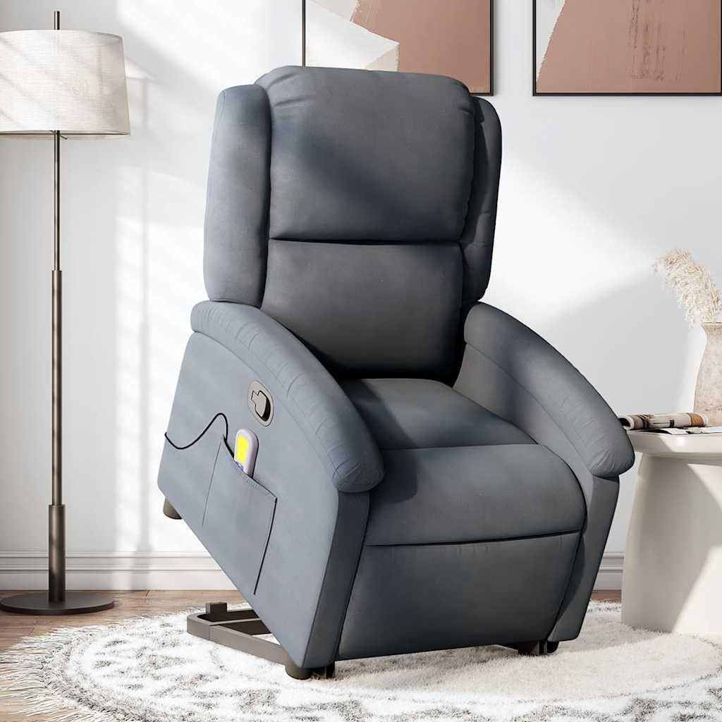 vidaXL Dark Gray Velvet Massage Recliner Chair - Stand Up Power Lift, Manual Recline, USB Vibration Massage, Side Pocket, Supportive Frame