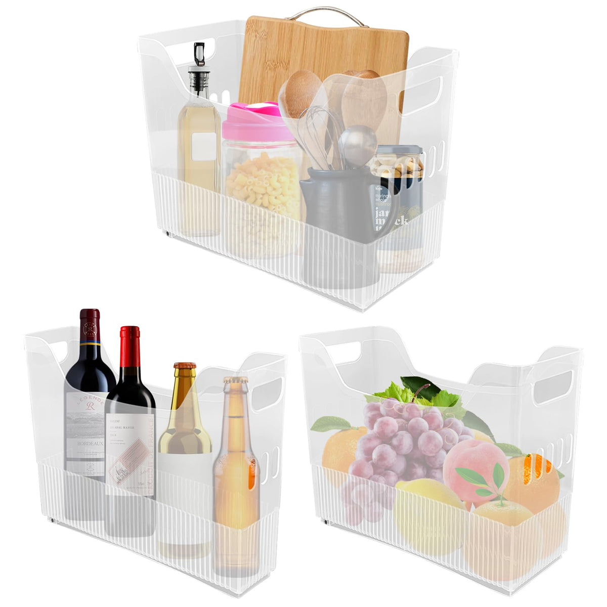 YEXEXINM 3 Pcs Freezer Organizer Bins with Wheel Clear Plastic Pantry Organizer and Storage 3 Size Tall Narrow Kitchen Organizat