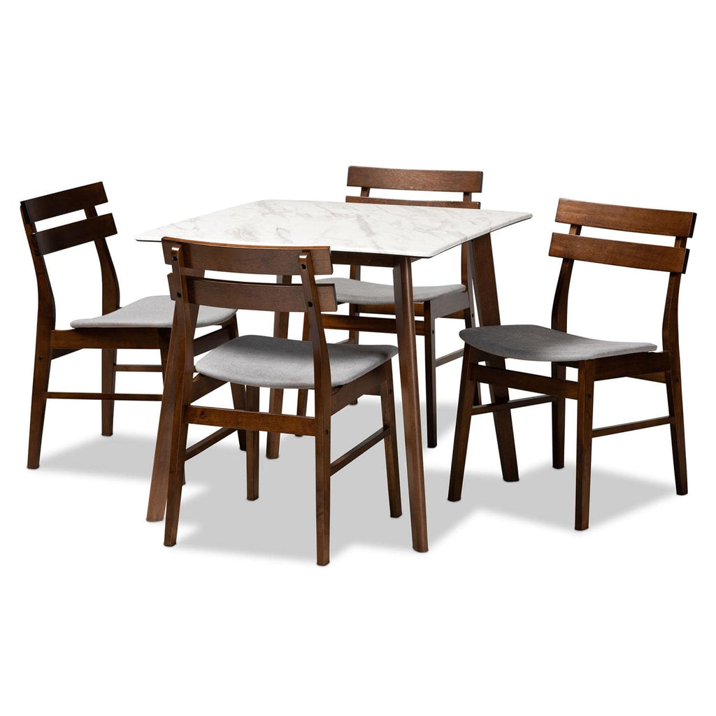 Baxton Studio Richmond Mid-Century Modern Light Grey Fabric Upholstered and Walnut Brown Finished Wood 5-Piece Dining Set with Faux Marble Dining Table