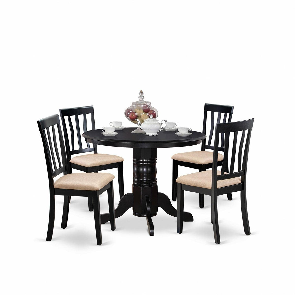 East West Furniture SHAN5-BLK-C 5 Piece Kitchen Table & Chairs Set Includes a Round Dining Room Table with Pedestal and 4 Linen Fabric Upholstered Chairs, 42x42 Inch, Black