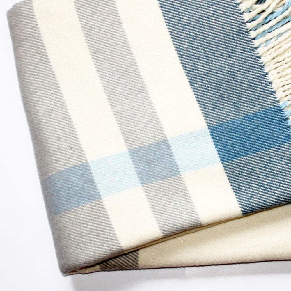 HomeRoots Cream/Blue Cotton/Acrylic Plush Multi Blue Plaid Throw Blanket with Tassels