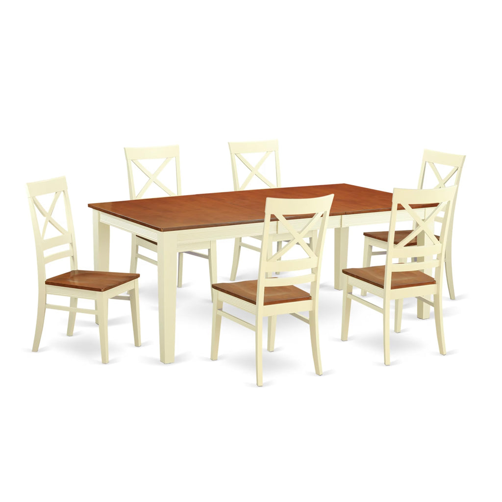 East West Furniture QUIN7-WHI-W 7 Piece Dining Set Consist of a Rectangle Dining Room Table with Butterfly Leaf and 6 Wood Seat Chairs, 40x78 Inch, Buttermilk & Cherry
