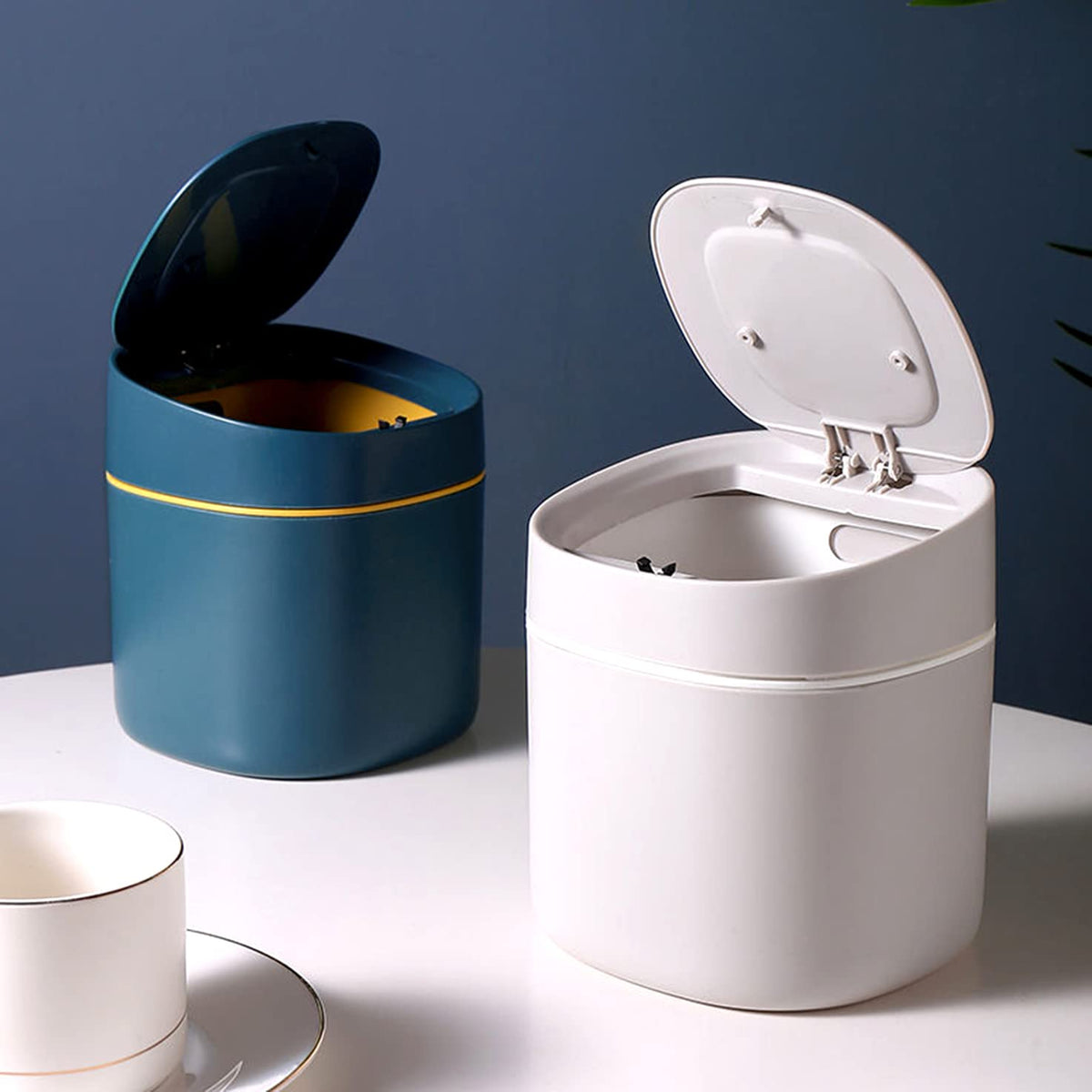 Plastic Mini Trash Can With Lid - 2 L Pop Up Wastebasket For Bathroom Vanity, Desktop, Tabletop Or Coffee Table - Dispose Of Cot