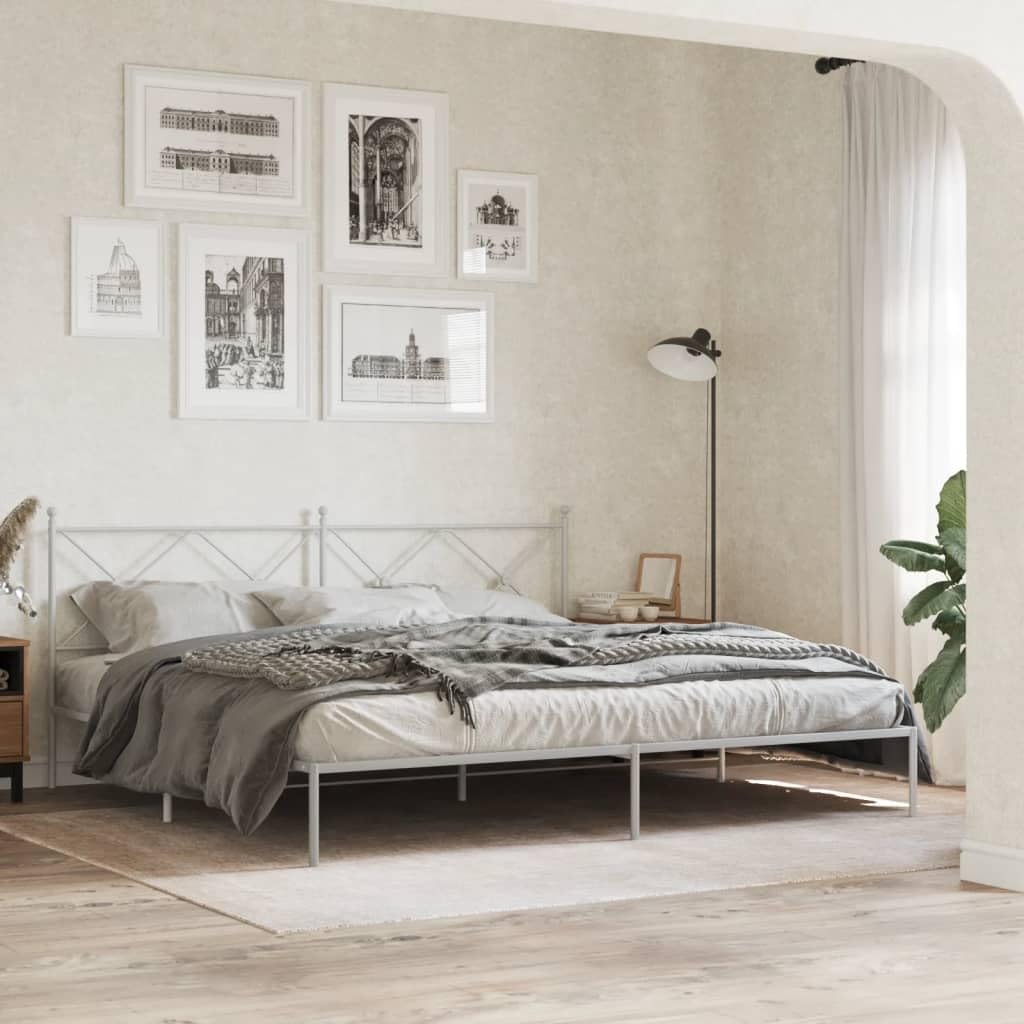 vidaXL Modern King Metal Bed Frame with Headboard - Steel Construction, White, 76"x79.9" - Bedroom Furniture for Enhanced Mattress Support