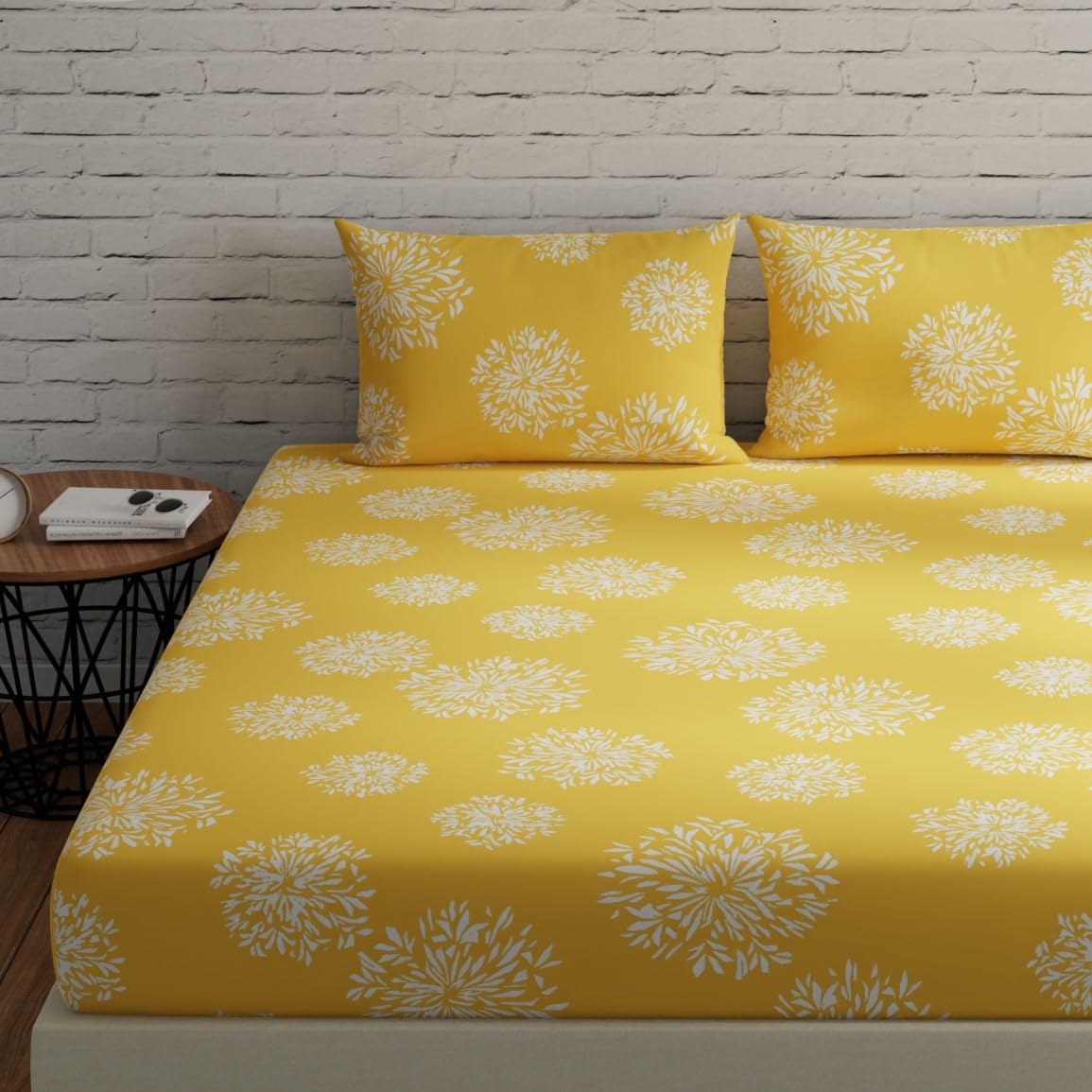 Huesland By Ahmedabad Cotton 144 Tc Fitted Bedsheets Queen Size Cotton For Double Bed With 2 Pillow Covers | 60 X 78 Inches | Ye