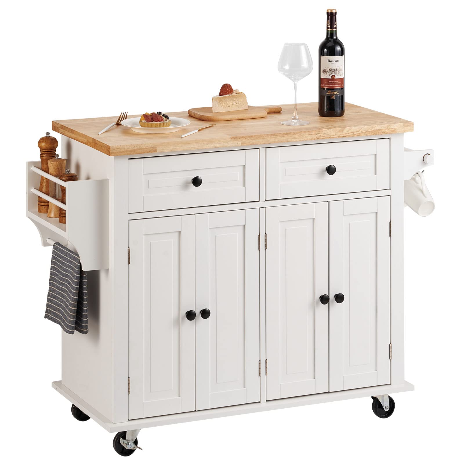 Vevor Kitchen Island Cart With Solid Wood Top, 35.4'' Width Mobile Carts With Storage Cabinet, Rolling Kitchen Table With Spice