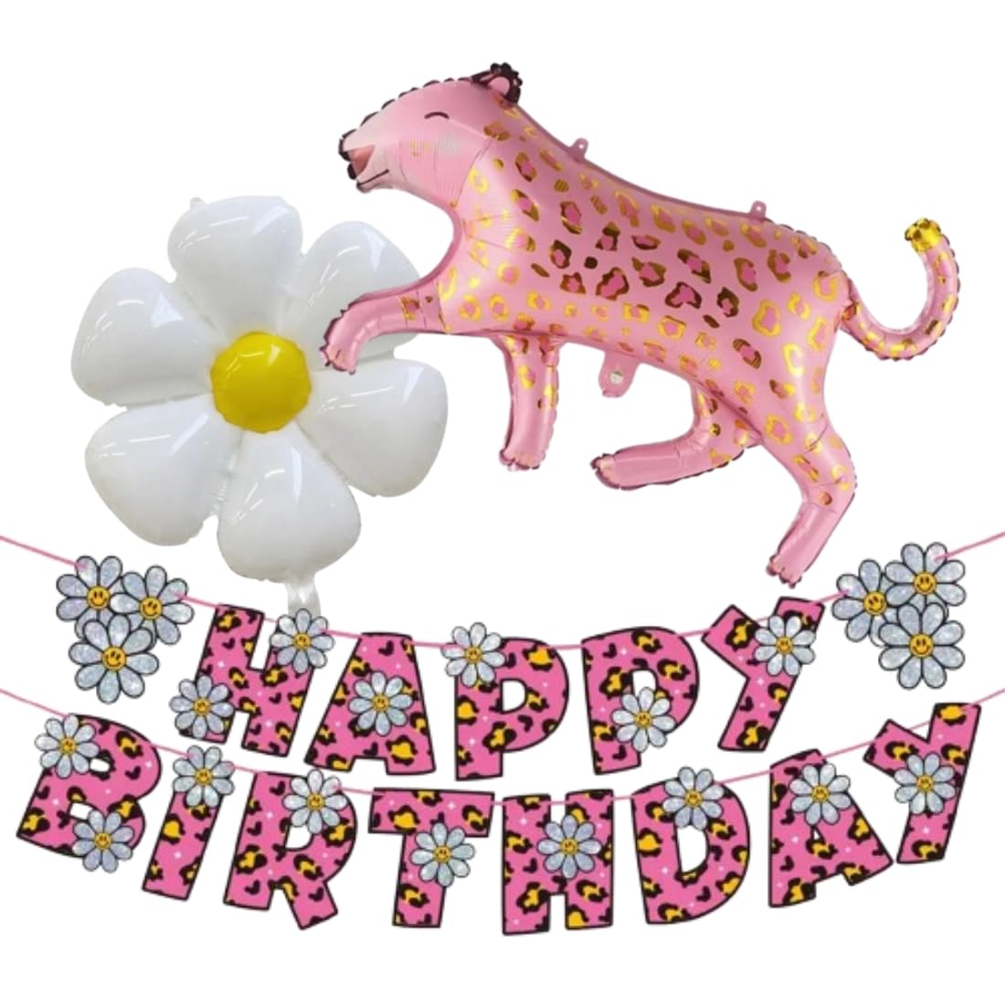 Atpata Funky Pink Leopard & Daisy Bday Party Decorations Combo for Girl Birthdays  Wild Happy Birthday Banner with Pink Leopard