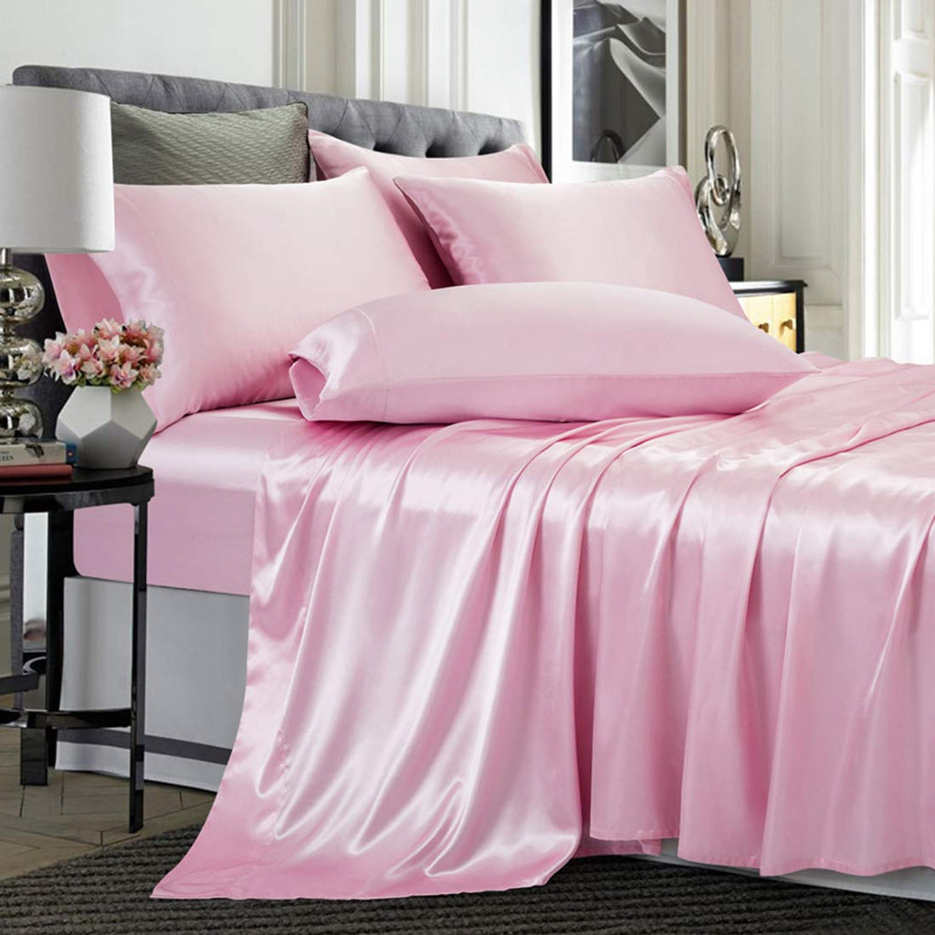 TREELY 6 Piece Satin Sheets Full Size Silky Smooth Pink Satin Sheet Set with Deep Pocket, Satin Fitted Sheet, Flat Sheet, 4 Sati