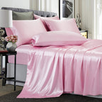 TREELY 6 Piece Satin Sheets Full Size Silky Smooth Pink Satin Sheet Set with Deep Pocket, Satin Fitted Sheet, Flat Sheet, 4 Sati