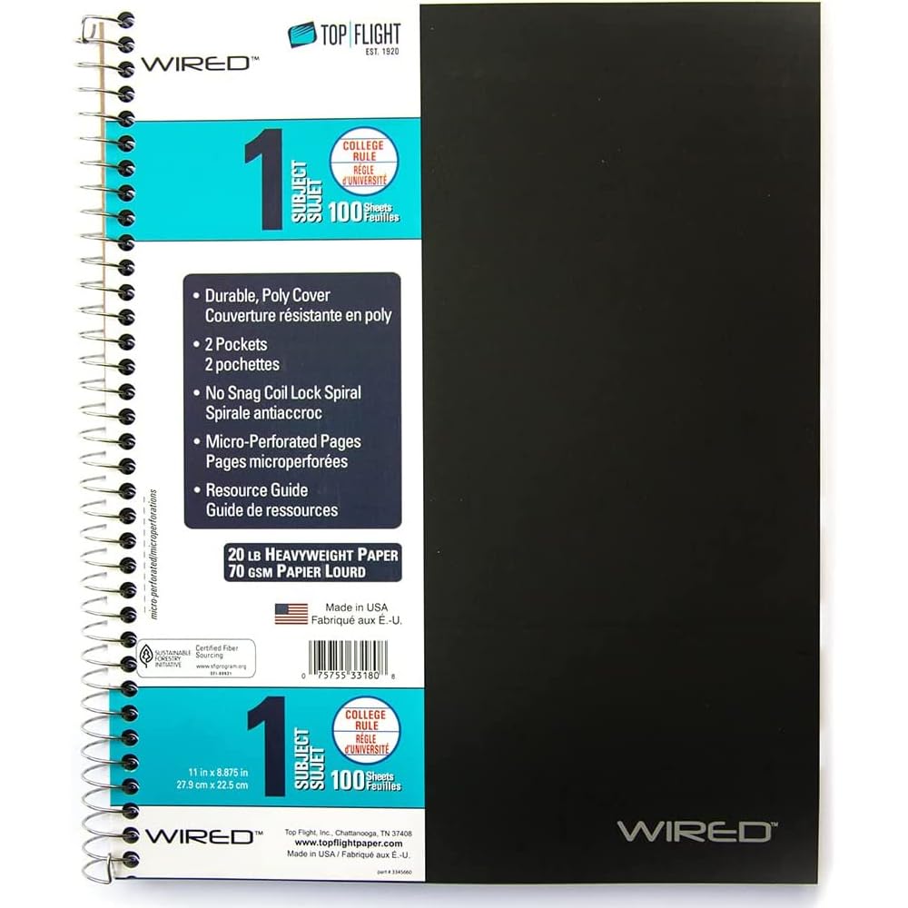 Top Flight Wired 1-Subject Notebook, 100 Sheet