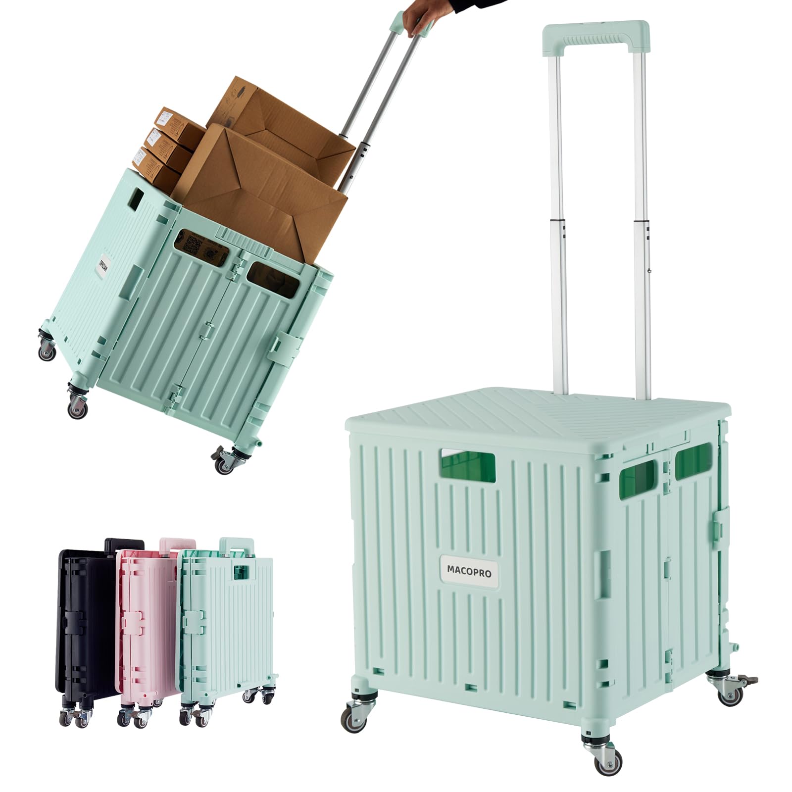 MACOPRO Folding Utility Cart Portable Rolling Crate Handcart Shopping Trolley Collapsible Tool Box, with Lid, Basket on 4 Rotate