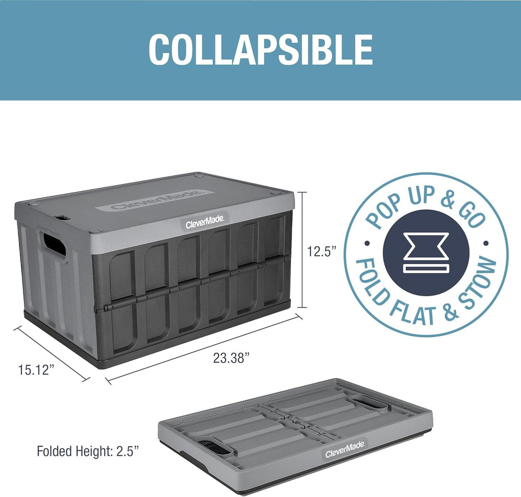 Clevermade Collapsible Storage Bin (With Lid), Stone, 3Pk - 62L (16 Gal) Folding Plastic Stackable Utility Crates, Holds 100Lbs